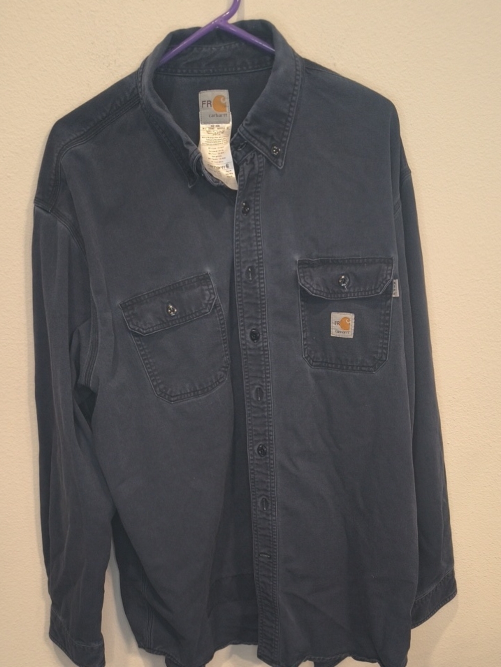 Carhartt Men's Navy Blue Long-Sleeve Button-Down Work Shirt Flame Resistant XXL
